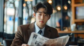 Asian male businessman sitting and reading a newspaper in a cafe.