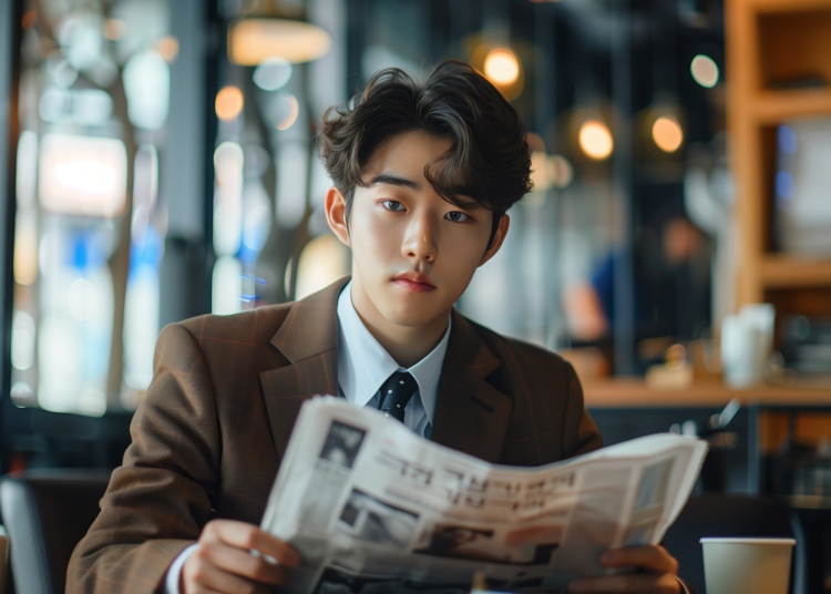 Asian male businessman sitting and reading a newspaper in a cafe.