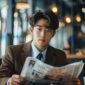 Asian male businessman sitting and reading a newspaper in a cafe.