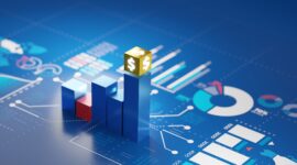 Bar chart money growth on blue screen business investment graph background, 3d rendering