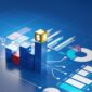 Bar chart money growth on blue screen business investment graph background, 3d rendering