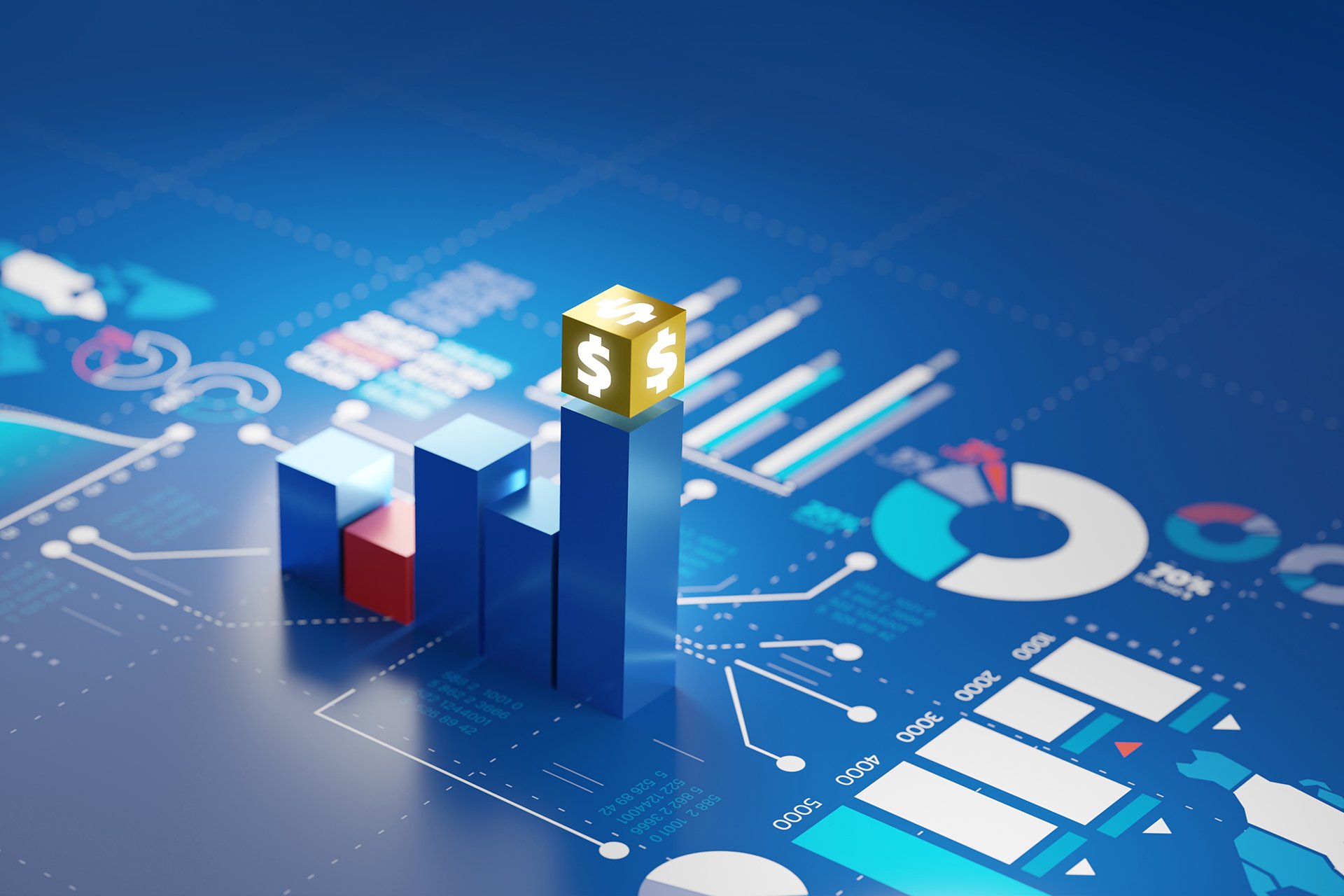 Bar chart money growth on blue screen business investment graph background, 3d rendering