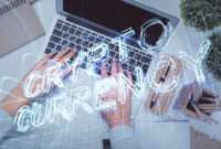 Double exposure of woman hands working on computer and blockchain theme hologram drawing. Top View. bitcoin cryptocurrency concept.