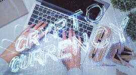 Double exposure of woman hands working on computer and blockchain theme hologram drawing. Top View. bitcoin cryptocurrency concept.