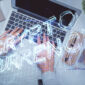 Double exposure of woman hands working on computer and blockchain theme hologram drawing. Top View. bitcoin cryptocurrency concept.