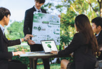 Group of asian business people presenting environmentally friendly development plan and sustainable technology project for greener future, establishing outdoor eco business office at natural park.Gyre