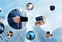 Teamwork and human resources HR management technology concept in corporate business with people group networking to support partnership, trust, teamwork and unity of coworkers in office vexel