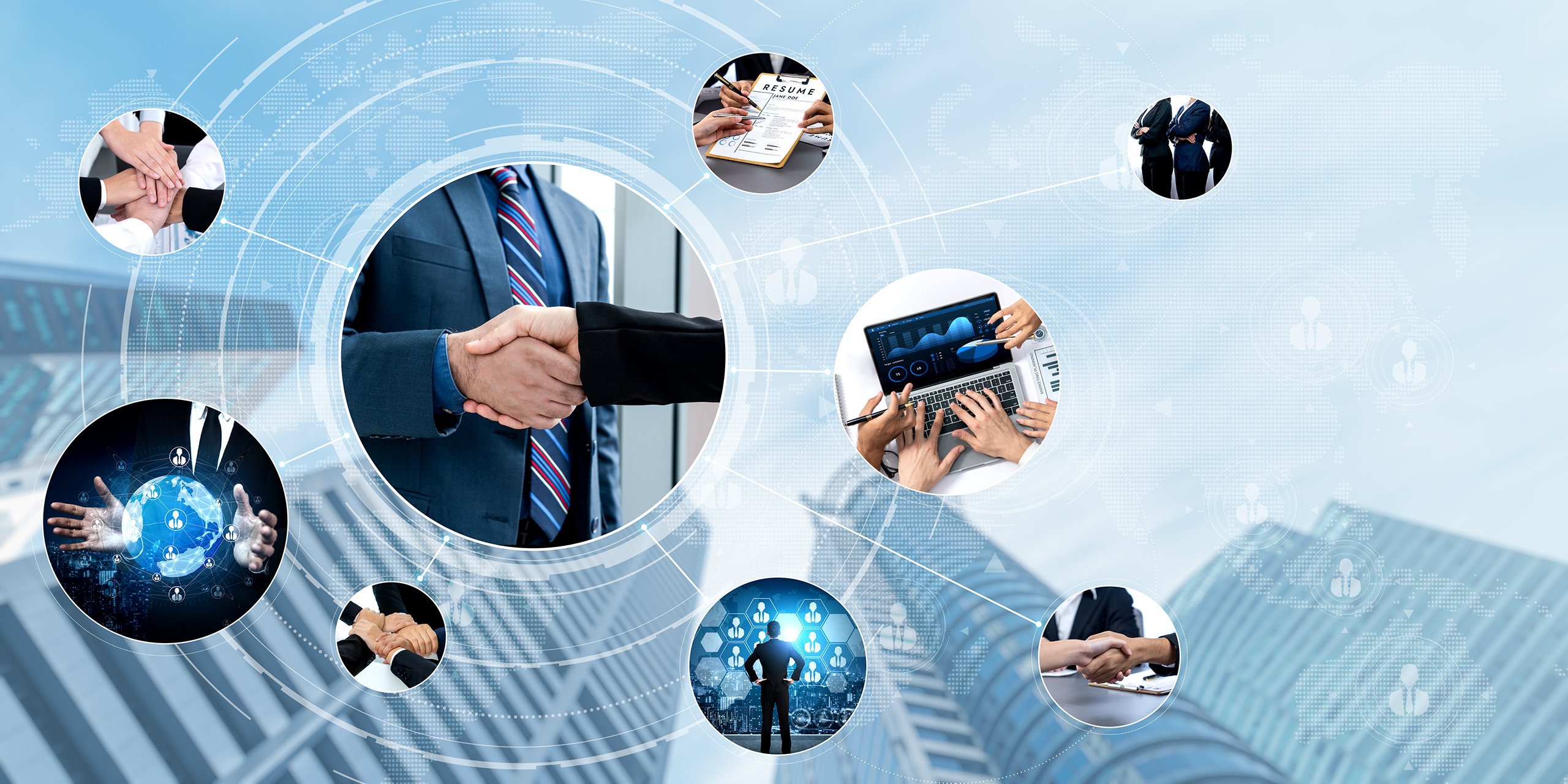Teamwork and human resources HR management technology concept in corporate business with people group networking to support partnership, trust, teamwork and unity of coworkers in office vexel