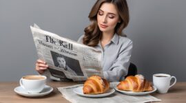 Woman reading newspaper with coffee and croissant on grey background
