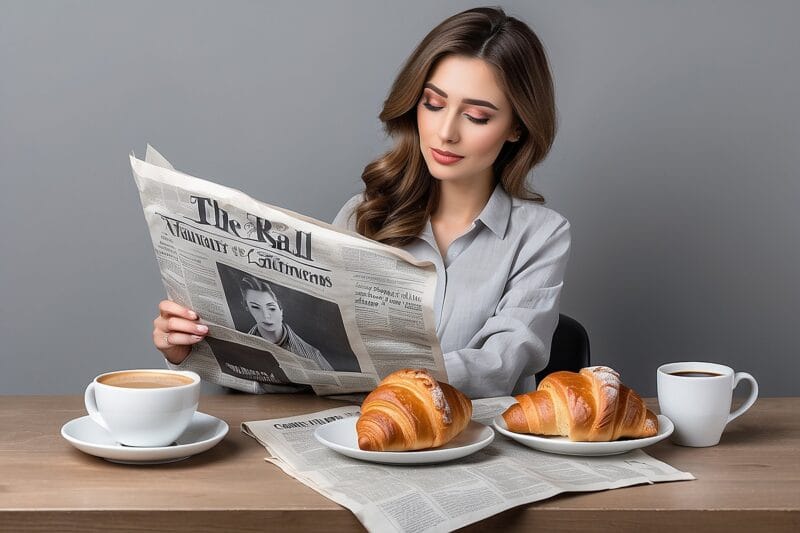 Woman reading newspaper with coffee and croissant on grey background