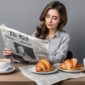 Woman reading newspaper with coffee and croissant on grey background