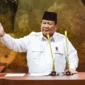 Prabowo berpidato dalam HUT Ke-17 Partai Gerindra di Sentul Internasional Convention Center, Bogor, Jawa Barat, Sabtu (15/2/2025).