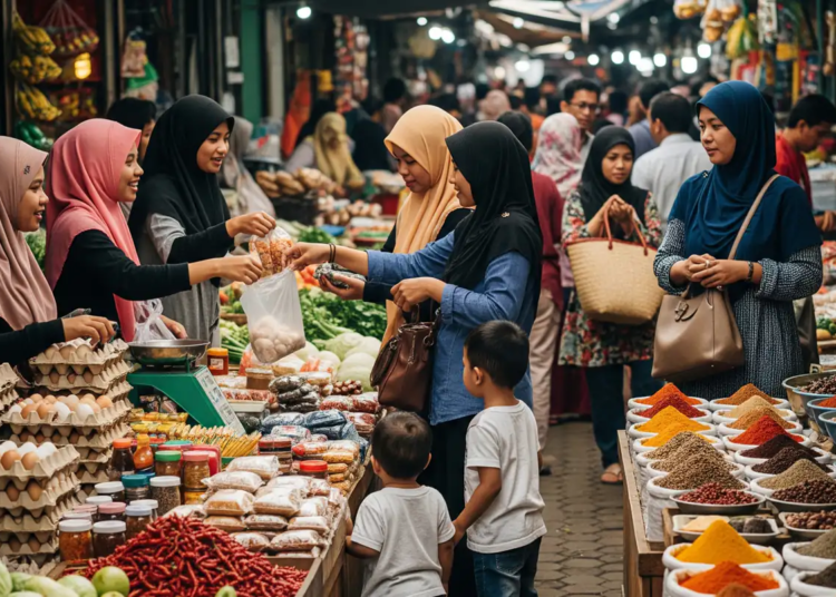 Ilustrasi transaksi jual beli harga bahan pangan strategis di pasar tradisional.