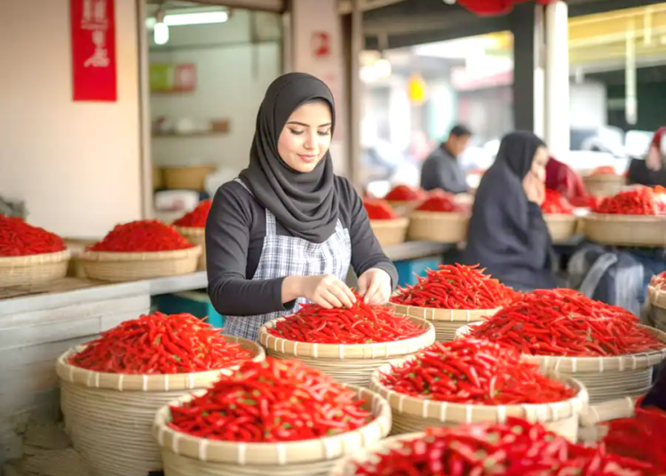Ilustrasi - Pedagang menata cabai merah di pasar tradisional.