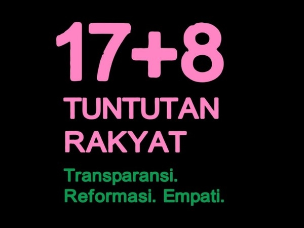 Massa dari berbagai elemen menyuarakan 17+8 Tuntutan Rakyat setelah kematian Affan Kurniawan pada gelombang aksi demonstrasi 2025.
