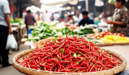 Pedagang memajang cabai merah keriting di pasar tradisional Sumbar, harga naik drastis menjadi Rp95.000/kg, 10 September 2025.