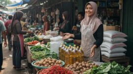 Ilustrasi - Penjual bahan pangan dan kebutuhan pokok di pasar tradisional.