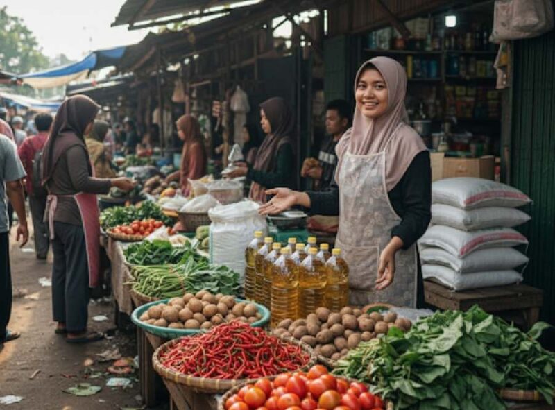 Ilustrasi - Penjual bahan pangan dan kebutuhan pokok di pasar tradisional.