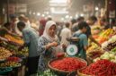 Ilustrasi - Aktivitas di pasar tradisional yang menjual bahan pangan pokok, sembako, dan kebutuhan harian.
