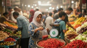 Ilustrasi - Aktivitas di pasar tradisional yang menjual bahan pangan pokok, sembako, dan kebutuhan harian.