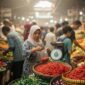 Ilustrasi - Aktivitas di pasar tradisional yang menjual bahan pangan pokok, sembako, dan kebutuhan harian.