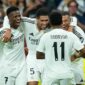 Selebrasi para pemain Real Madrid setelah gol yang dicetak Kylian Mbappe ke gawang Espanyol, mengukuhkan posisi mereka di puncak klasemen La Liga.