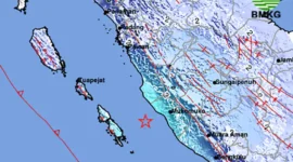 Peta lokasi gempa bumi magnitudo 5,2 yang mengguncang wilayah barat daya Mukomuko, Bengkulu, pada Minggu malam. (14/9/2025). (Ist./BMKG)