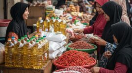 Ilustrasi - Pedagang bahan pokok melayani pembeli di pasar tradisional Kota Padang. 