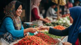 Ilustrasi - Pedagang melayani pembeli cabai merah keriting di pasar tradisional.