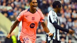 Selebrasi pemain Barcelona, Marcus Rashford setelah mencetak gol ke gawang Newcastle United dalam laga lanjutan babak penyisihan grup Liga Champions 2025/2026. (Ist.)