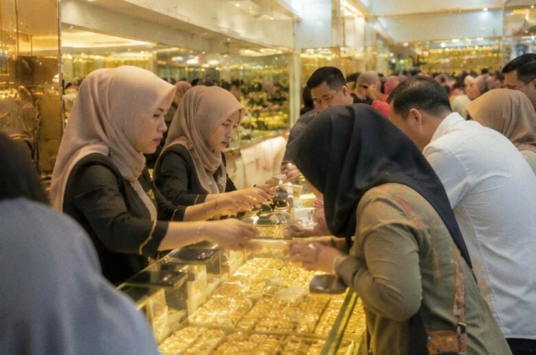 Ilustrasi karyawan toko emas melayani pembeli.