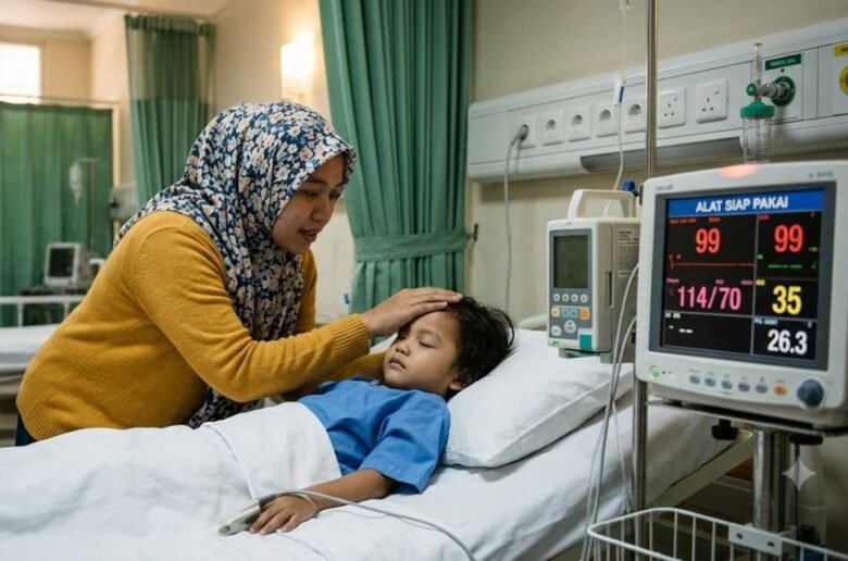 Pasien anak yang mengalami gejala flu dan demam tinggi di ruang perawatan rumah sakit.